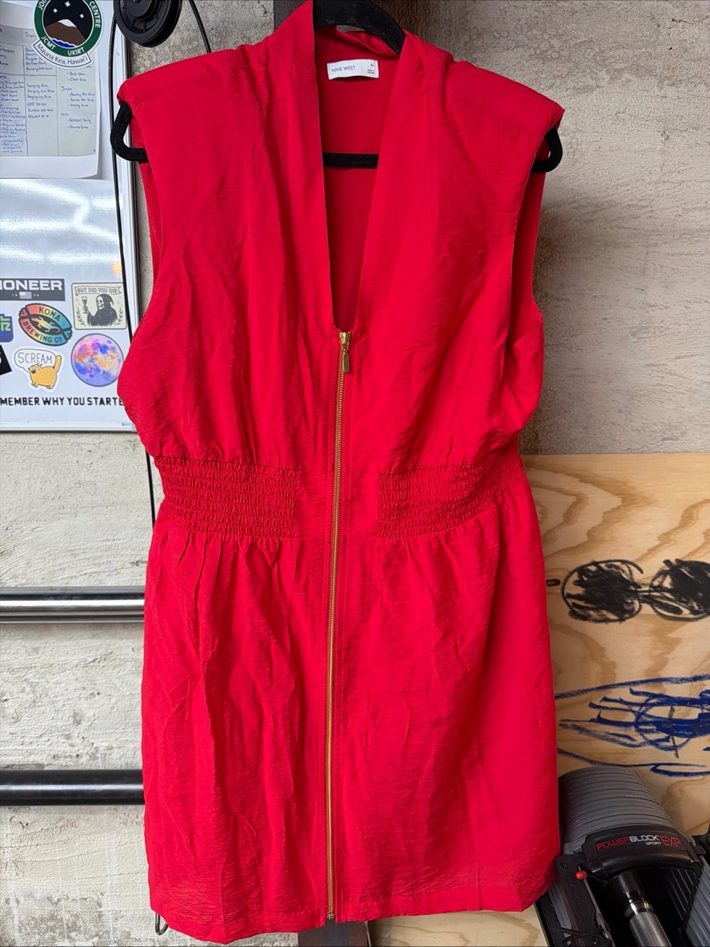 Red Sleeveless Zip Front Dress Womens XL Smocked Waist Lined Nine West